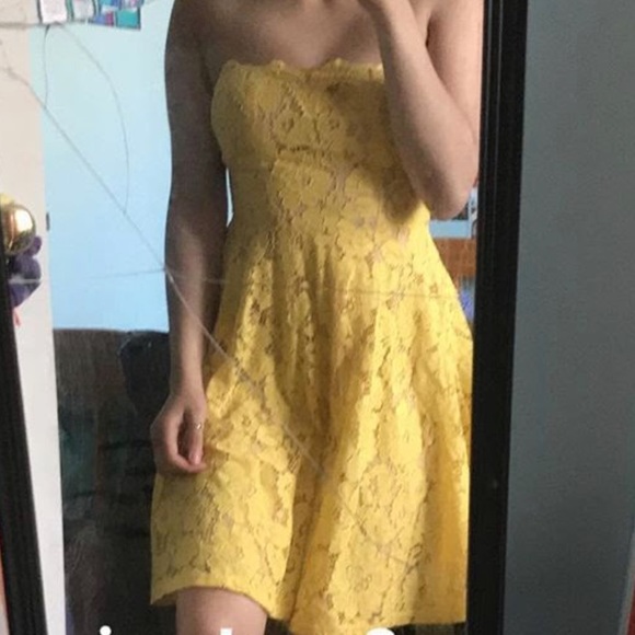 French Yellow Lace Overlay A-line Dress - Picture 3 of 8